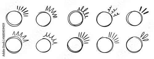 circle brackets doodle line for quotation set. sparkle ray elements. Hand drawn round frame for title or headline. Speech bubble blob circle for design