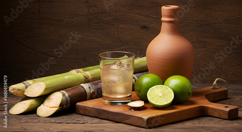 A rustic still-life of Brazilian cachaça in a short glass with sugarcane stalks on the side, lime wedges, and wooden cutting board. A clay bottle of cachaça completes the composition.