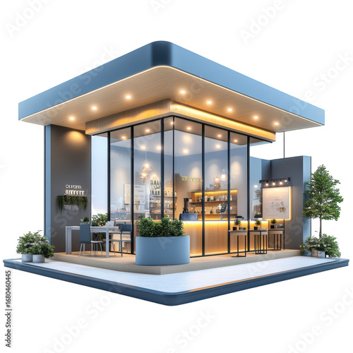 Modern coffee shop exterior with glass walls warm lighting and minimalist design showcasing a contemporary cafe and outdoor seating area at night on transparent background