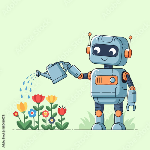 Cartoon robot watering colorful flower bed
