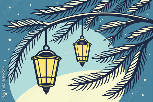 Two yellow glowing lanterns hang from the tree branches on a snowy night