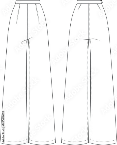 mid high rise waist darted tailored pleated wide leg palazzo pant trouser template technical drawing flat sketch cad mockup fashion woman design style model 
