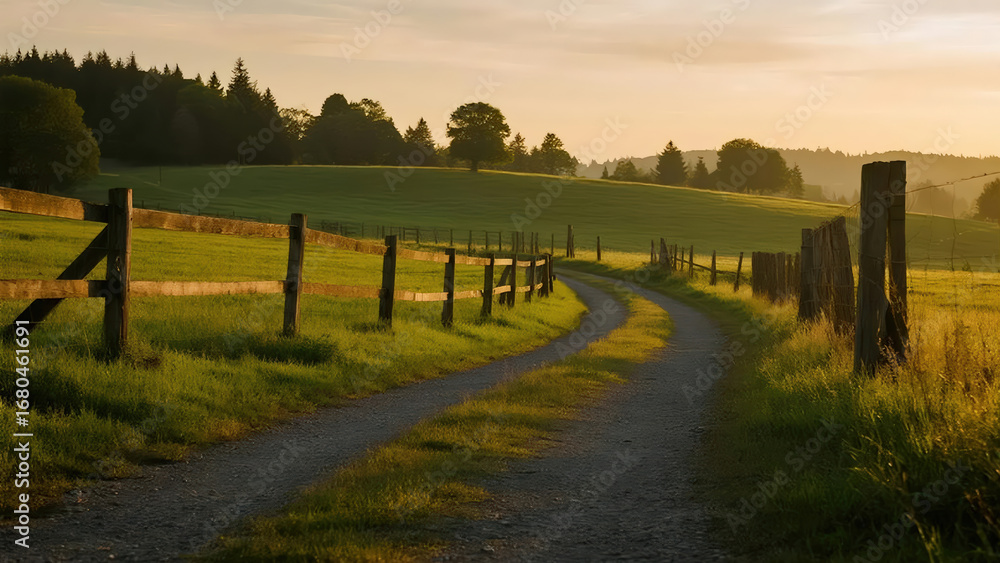 Fototapeta premium Serene Rural Dirt Road Curving Through Green Pastures and Fenced Fields at Sunset