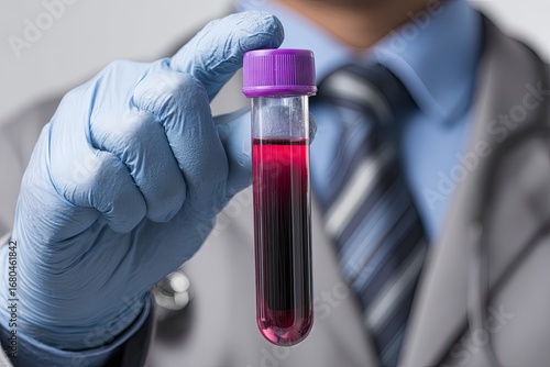 Close-up of a gloved hand holding a blood sample tube