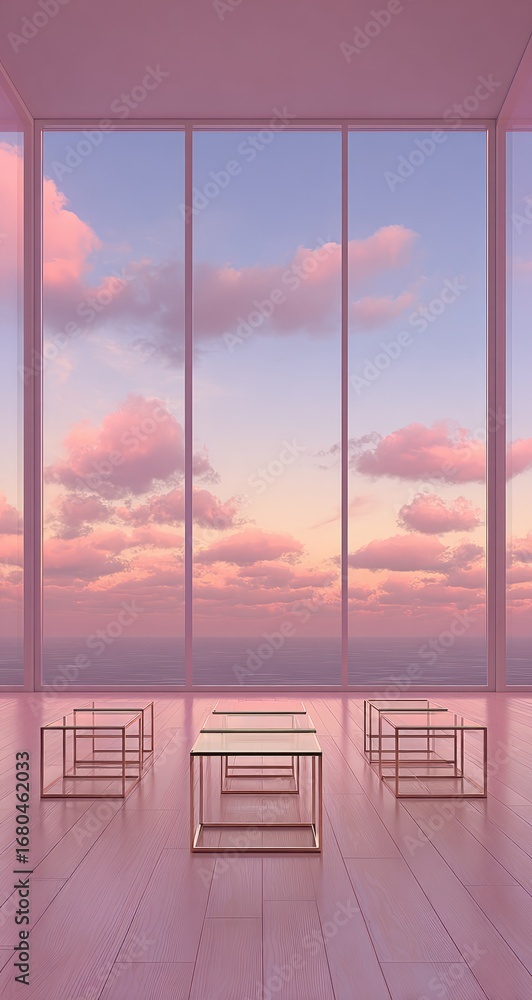 Fototapeta premium Pink room with glass coffee tables, sunset view