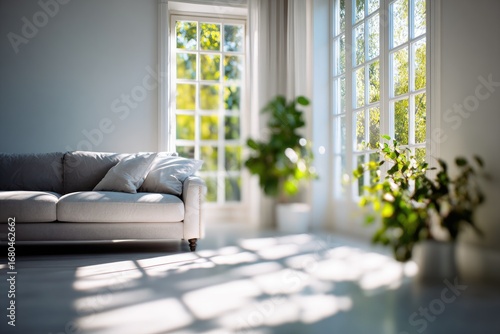 Light-filled room with sofa and large windows