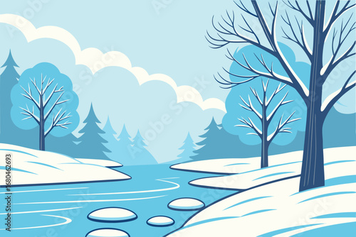Winter river shows snow covered banks and leafless trees under a cloudy sky