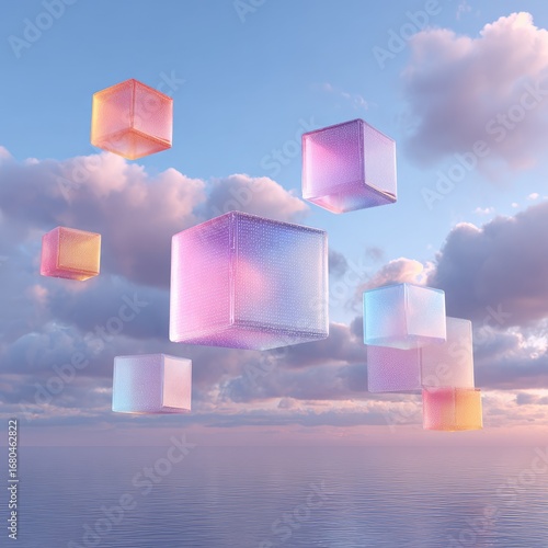 Floating translucent cubes in pastel colors against a serene sky and water