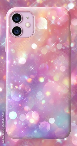 Pastel-colored phone case with glittery, bokeh effect