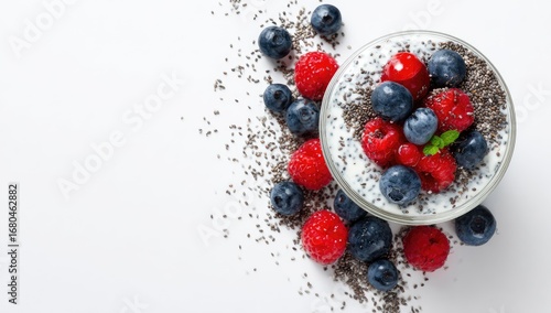 Glass bowl of chia seed pudding topped with fresh raspberries and blueberries, scattered on a white surface
