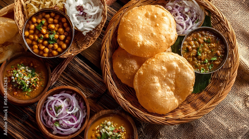 Fototapeta premium Top view chole bhature thali sets placed side by side.
