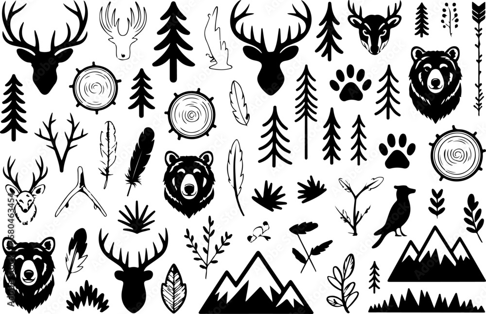 Naklejka premium Forest Wildlife Silhouette Collection Featuring Bears, Deer, Trees, and Nature Elements