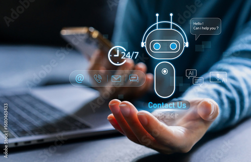 Customer with chatbot AI support service with 24/7, virtual assistant, artificial intelligence, online communication, digital customer service automation, online help customer care system, contact us