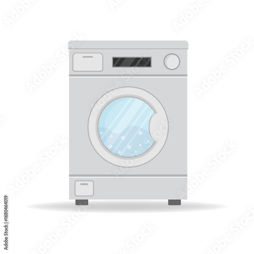Washing machine with laundry loaded and door open. Laundry washed or dirty in a washing machine. Vector illustration of the concept of household routine.