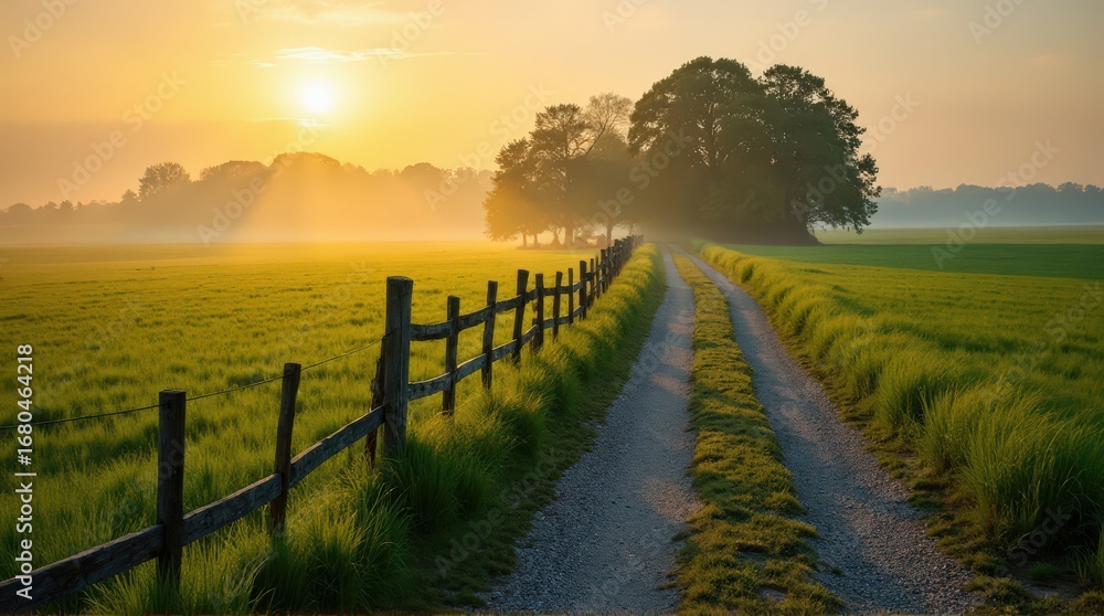 Obraz premium Sunrise Over Rural Pathway in Green Fields with Wooden Fence and Trees