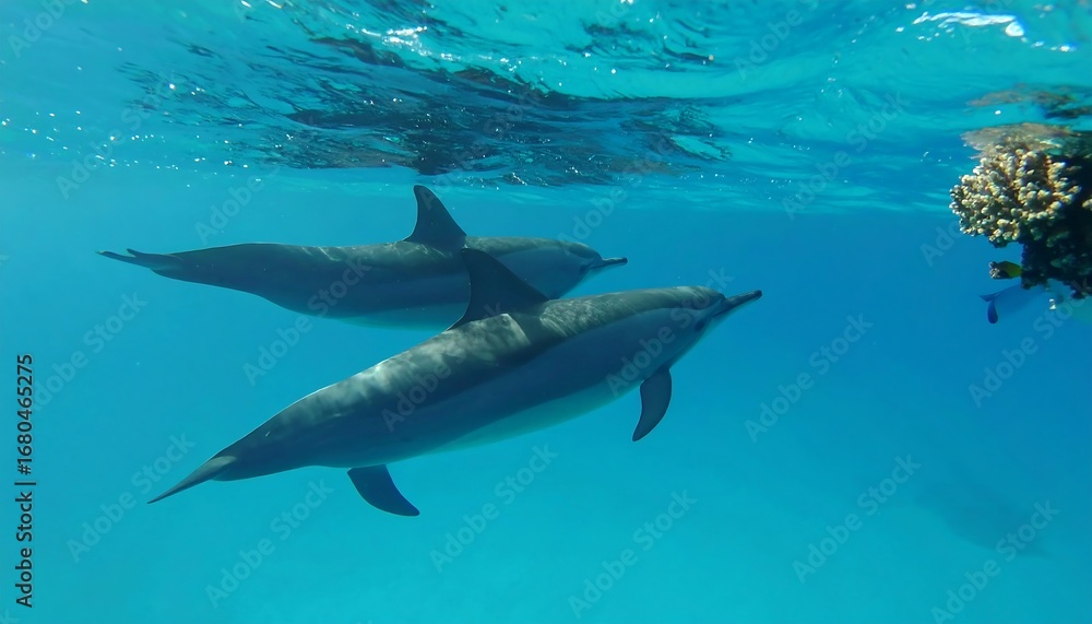 Fototapeta premium Dolphins swimming underwater in turquoise water