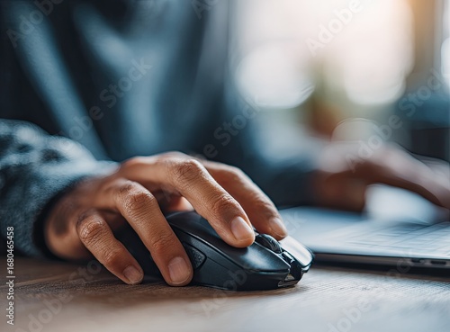 Close-up of a hand using a computer mouse on a laptop