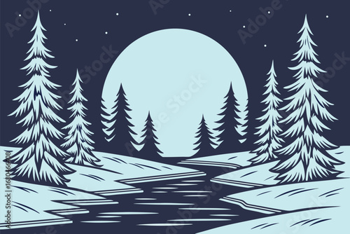 Serene moonlight bathes winter pine trees and a gentle stream under a starlit sky