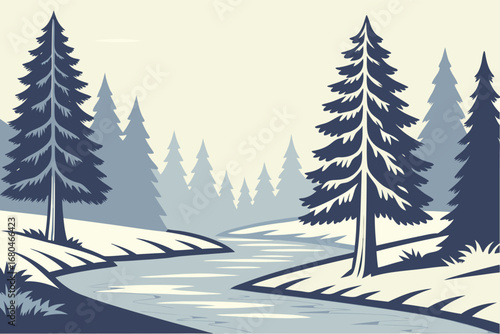 Calm river flows amidst evergreen trees in a serene, peaceful, and beautiful mountain landscape