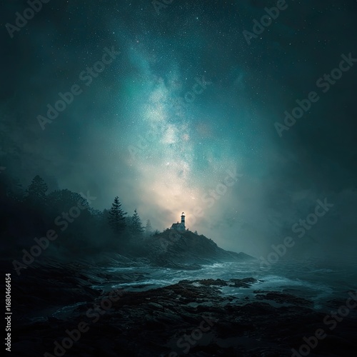 Misty night, lighthouse, dramatic sky, starry milky way, coastal scene