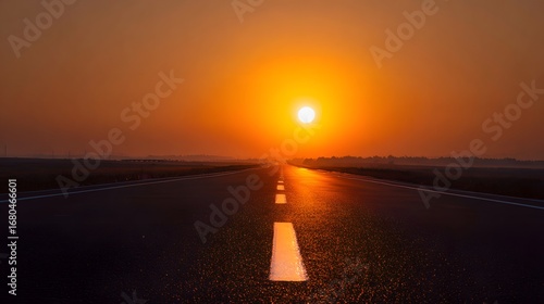 Empty road leading into horizon with bright sunset sky.