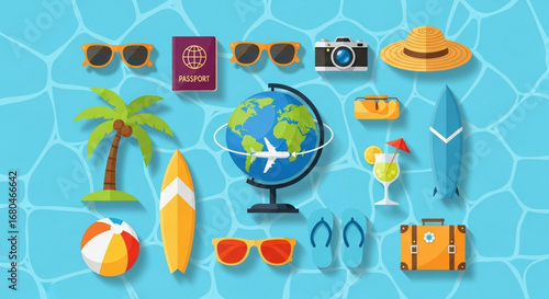 Summer vacation travel planning with beach accessories and passport globe sunglasses and more for holiday 100