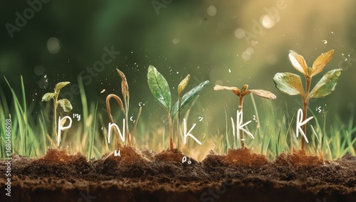 Sprouting plants in soil with nutrient symbols