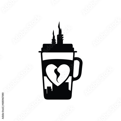 Black silhouette of coffee cup with broken heart and city skyline love with Vector Design