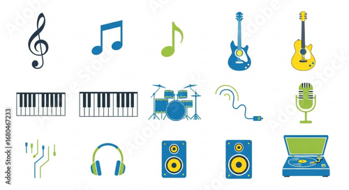 Music instruments vector set: guitar, piano, drums, microphone, speakers, headphones, record player, and more