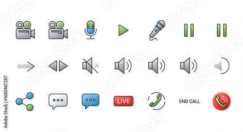Media player control icons video camera microphone sound share call live pause forward rewind 100 character