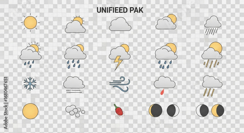Weather forecast icons set sun cloud rain snow wind lightning hail moon phases vector illustration graphic 100