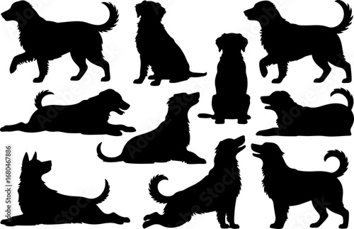 "Playful Dog Silhouettes and Paw Print Icons" Vector