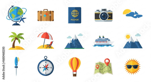 Travel vacation planning adventure holiday tourism destination trip journey icon set vector illustration