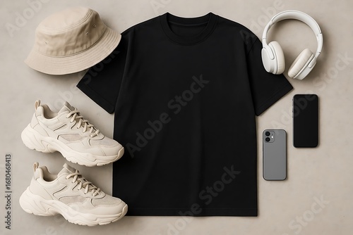 Streetwear fashion flatlay with chunky sneakers, bucket hat, oversized t-shirt, smartphone and wireless headphones, aesthetic modern look. Generative AI