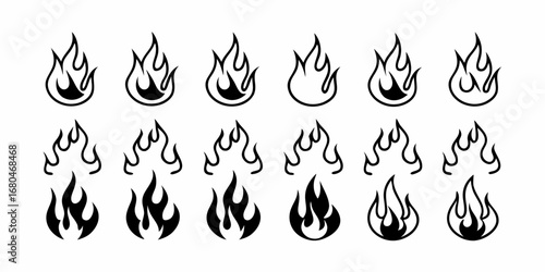 Collection of fifteen stylized flame icons in varying line weights and fill patterns arranged neatly