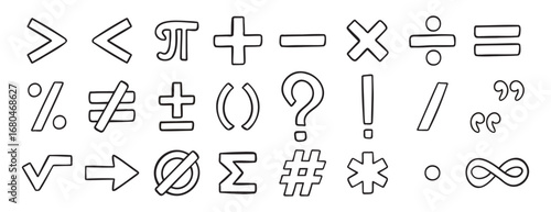 math symbols doodle hand drawn icon set. Outline drawing line clipart symbol collection