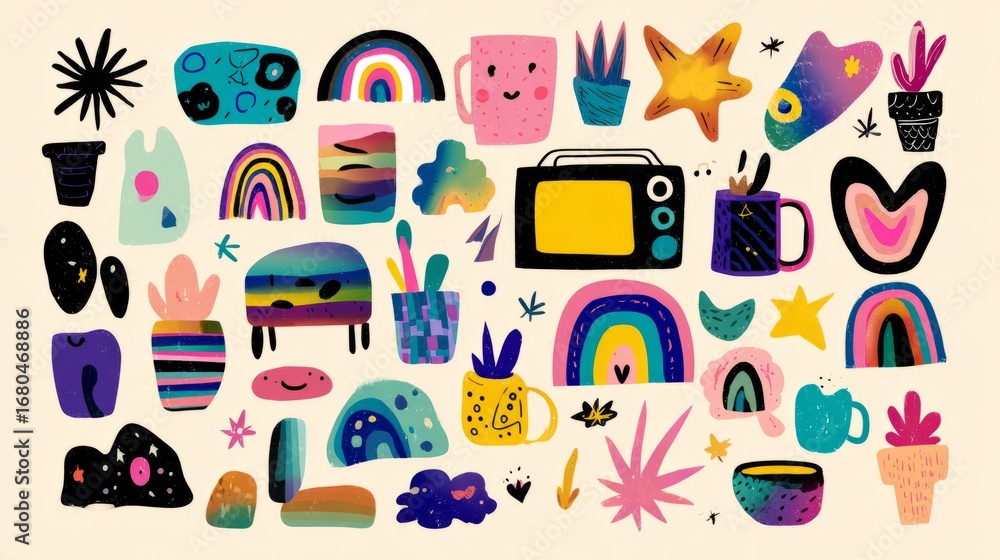 Set of cute abstract kidcore elements featuring 90s and 2000s inspired playful hippie shapes, childish naive art objects, and colorful fun flat vector illustrations on isolated background for creative