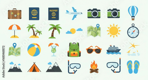 Travel vacation icons set for summer holiday trip tourism adventure and recreation flat design vector illustration
