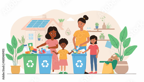 Family Recycling Together, Sorting Waste with Green and Blue Bins, Home Background.