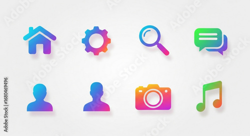 Gradient ui icons set home settings search message profile camera music vector symbols for web and app design