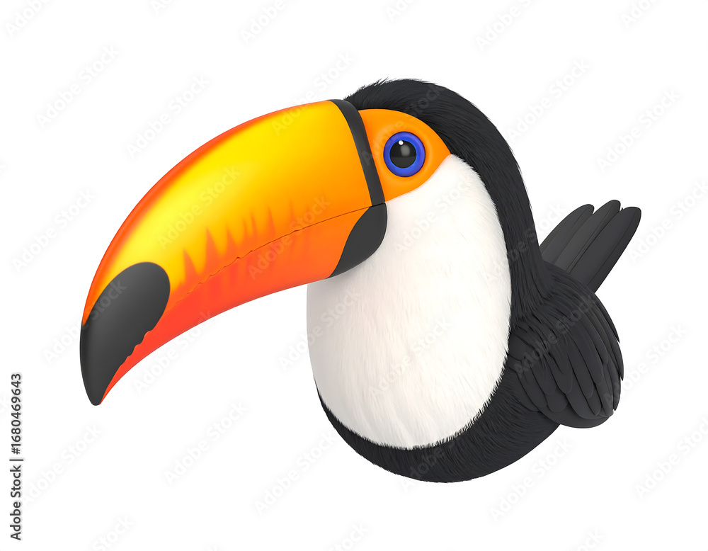 Naklejka premium Toucan looking sideways with striking plumage against white backdrop