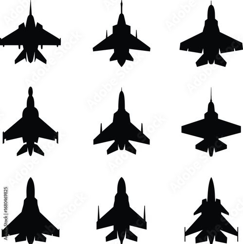 Military fighter jet silhouettes vector set, top view collection of combat aircraft icons for aviation, war, and defense designs.