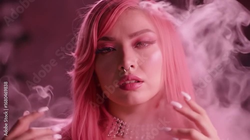 Stylish Woman with Pink Hair and Septum Piercing in Pink Smoke.