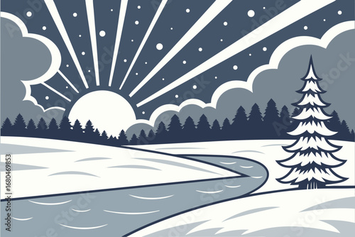 Sunlight pierces through clouds over a winter landscape with river and evergreen tree