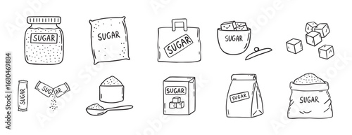 sugar doodle hand drawn icon set. Outline drawing sugar packaging, sugar cubes line clipart symbol collection