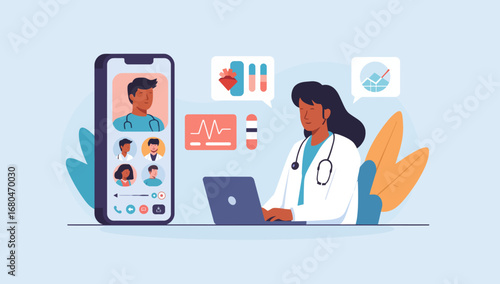 Telemedicine Doctor Consults Patients via Smartphone and Laptop, Healthcare Concept
