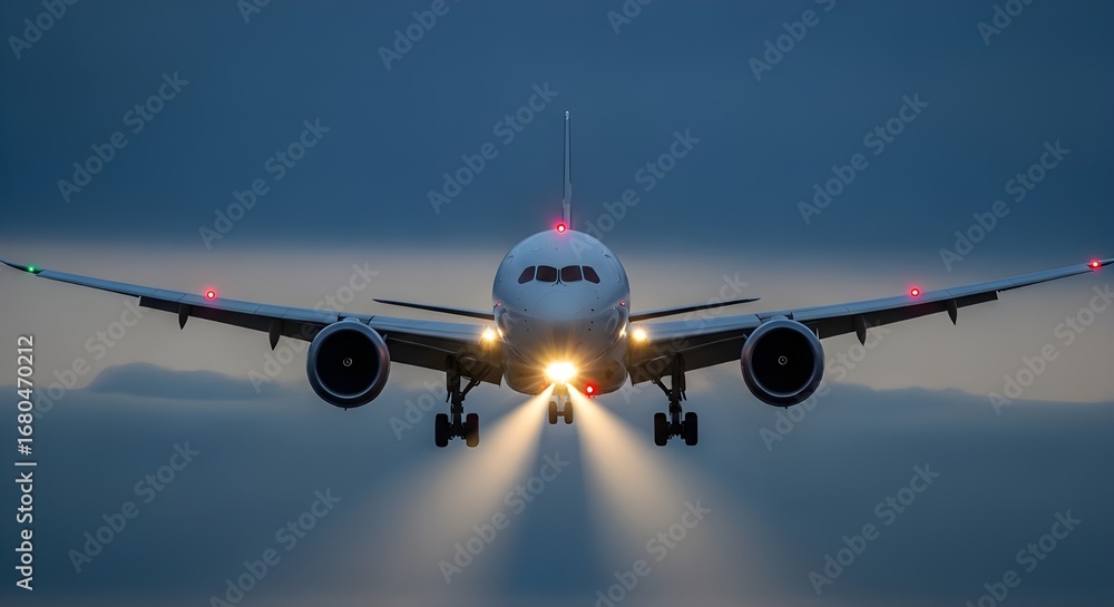 Naklejka premium Airplane Approaching for Landing with Bright Headlights at Dusk aircraft airliner