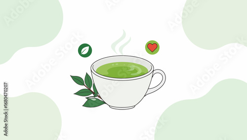 Steaming matcha tea in a white cup with leaves and heart icon