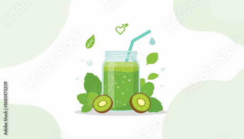 Refreshing Green Smoothie with Kiwi Slices and Mint Leaves in a Glass Jar