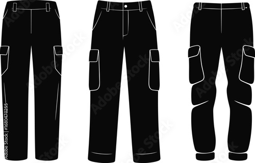 Modern cargo pants vector silhouette set, tactical utility trousers illustrations, military fashion icons, workwear apparel design, casual outfit template
